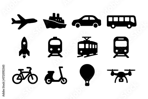Silhouette icons of diverse transport modes in bold black design