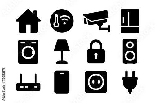 Home device icons: smart technology and security silhouettes