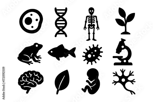 Science and nature silhouette icons: biology, genetics, and microscopy