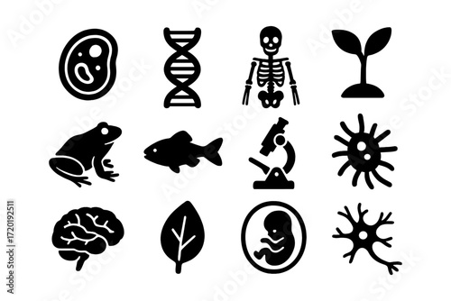 Science and nature icons: biology, genetics, ecology symbols in silhouette style