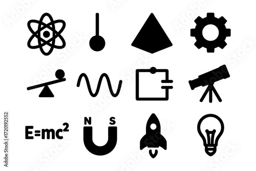 Science and technology icons: simplistic black silhouettes for educational designs