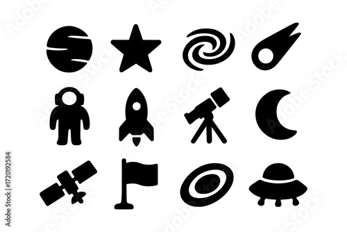 Space icons set: minimalist silhouette collection of celestial symbols and astronomical elements