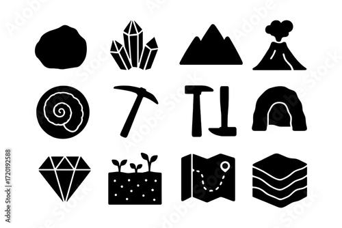 Silhouette icons of geology and exploration: mountains, volcanoes, and fossils
