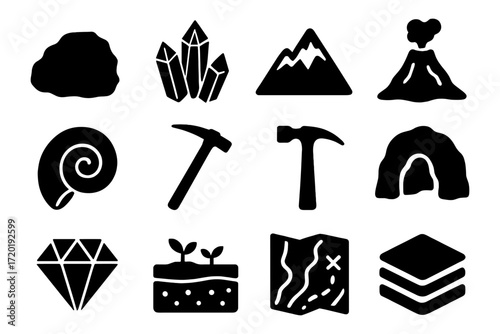 Geology and exploration icons: monochrome silhouettes of tools, landscapes, and elements