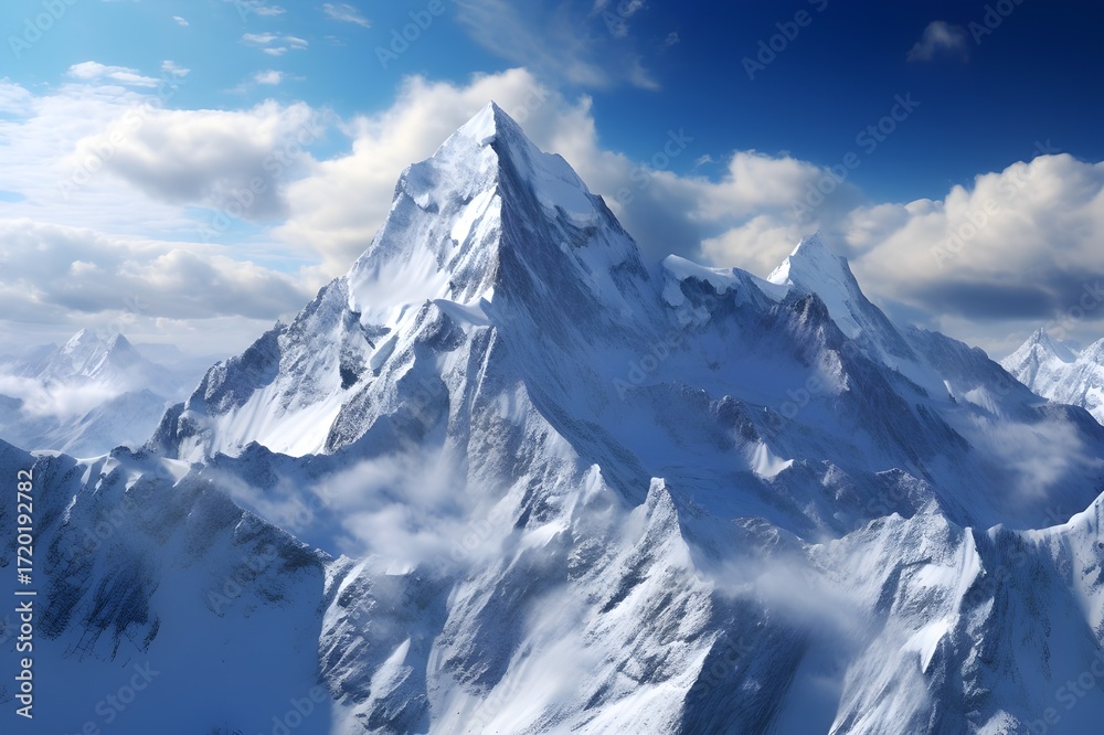 Obraz premium Pristine Snow-Covered Mountain Peak, Majestic Alpine Landscape, Winter Wilderness Scenery, High-Altitude Nature Photography, 8K Ultra HD Resolution
