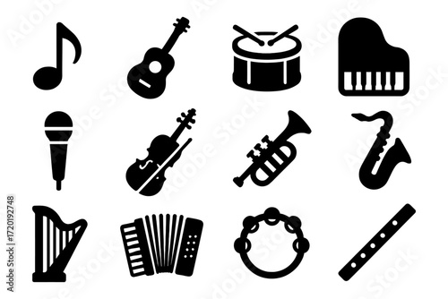 Silhouette musical instrument icons set for design projects and presentations