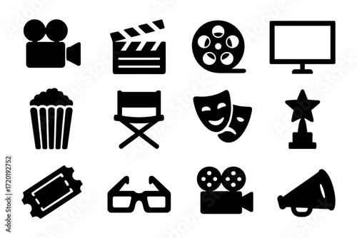 Movie theatre icons set featuring cinema tools and entertainment symbols