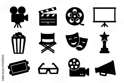 Cinema icons set: film, movie equipment, and theater symbols in silhouette