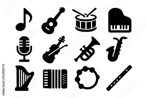 Silhouette musical instruments collection for creative design projects