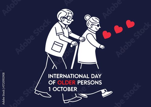 Celebrate International Day of Older Persons with a heartwarming illustration of elderly couple walking together, conveying love, support, and unity