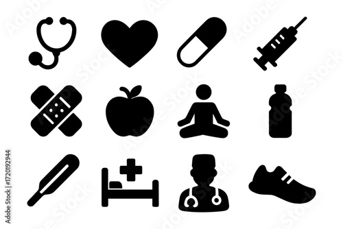 Healthcare and wellness icons set: heart, medicine, fitness, nutrition, and more