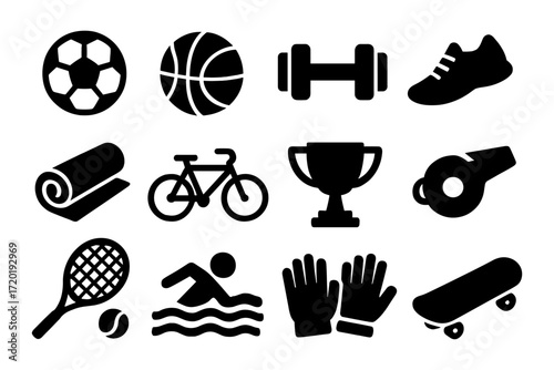 Sports equipment icons: bold black silhouettes for diverse activities