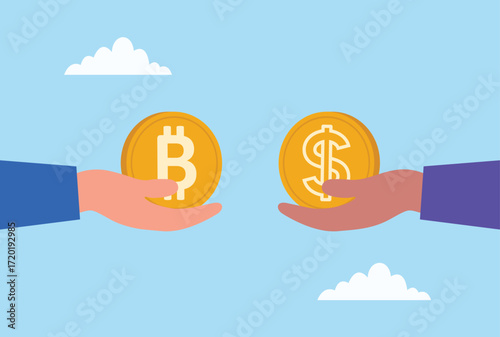 Vector illustration of two hands exchanging bitcoin and gold coin, representing the exchange between digital cryptocurrency and traditional money
