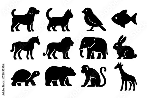 Silhouette collection of 12 animals in simple black style
