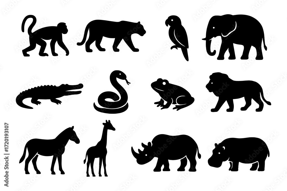 Naklejka premium Silhouette collection of diverse wild animals in bold design