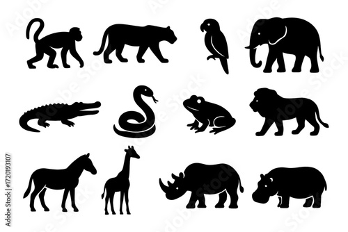 Silhouette collection of diverse wild animals in bold design