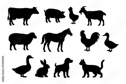 Farm animal silhouettes: cow, pig, horse, chicken, and more