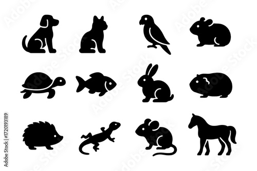 Silhouette collection of pets and animals: dogs, cats, birds, and more