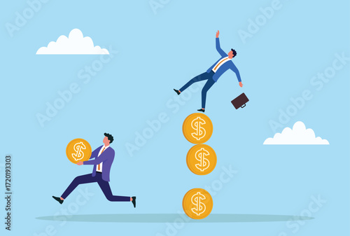 Vector illustration of a businessman running away with coins while another falls from a tower of coins, symbolizing financial greed, risk, and market collapse
