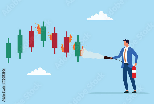 Vector illustration of a businessman using a fire extinguisher to put out a fire on a candlestick chart, representing managing financial crises and market risks
