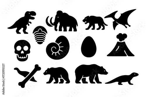 Prehistoric icons set: dinosaurs, mammoth, fossils, volcano