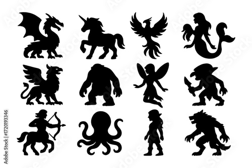 Mythical creature silhouettes collection featuring dragon, unicorn, mermaid, and more