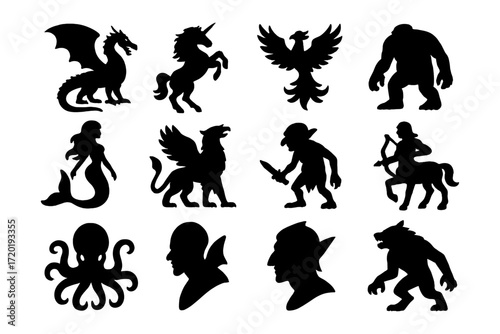 Fantasy creature silhouettes: magical beasts and mythical legends collection