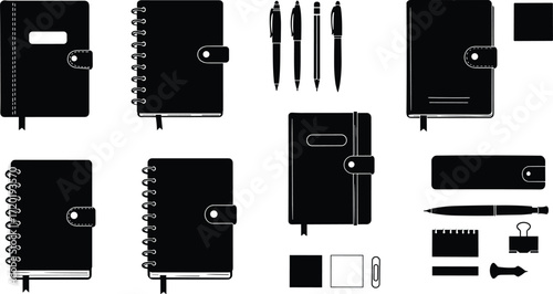 Black and white vector silhouette illustration of assorted office and school stationery items, notebooks, pens, clips, stamp, isolated on white background