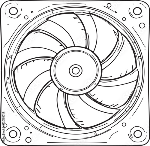 A detailed line drawing of a square computer fan with circular blades and mounting holes in each corner