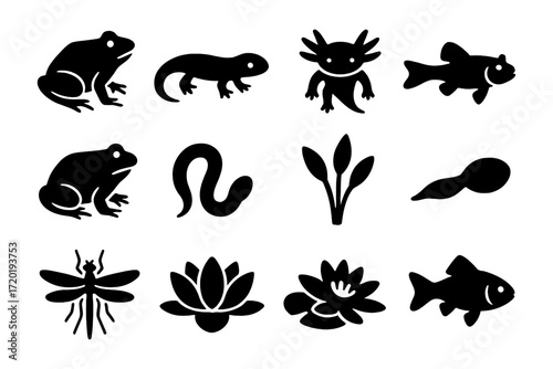 Silhouette collection of aquatic animals and plants: frogs, fish, and flora