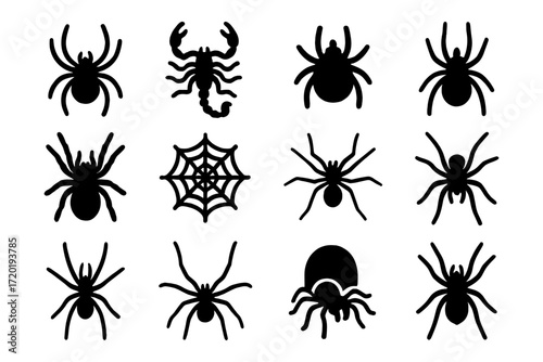 Silhouette icons of spiders and scorpions on webs with black vectors
