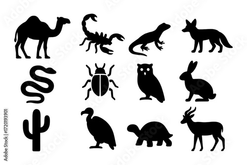 Desert wildlife silhouettes: animals and plants of arid regions