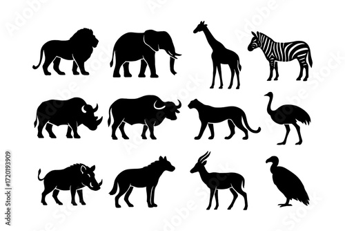 Silhouette collection of african safari animals on white background