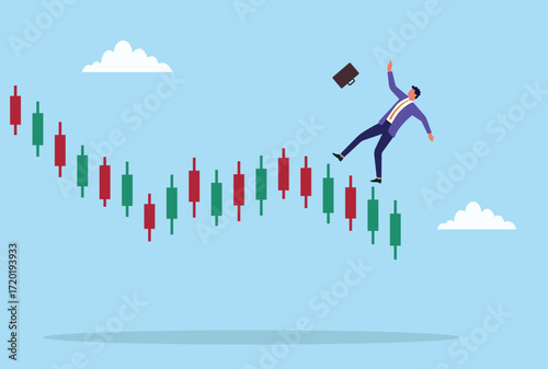 Vector illustration of a businessman falling from a candlestick bar, symbolizing stock market losses, financial risks, and the volatility of investment trading
