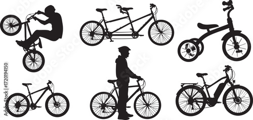 Collection of bicycle silhouettes including B M X rider tandem electric and mountain bikes