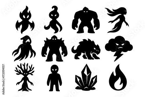 Fantasy creatures set: mysterious silhouettes of monsters and elements