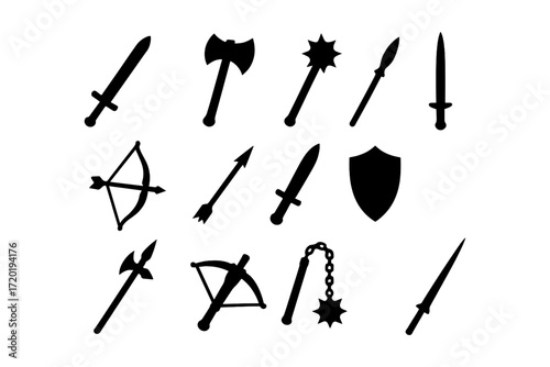 Silhouette collection of medieval weapons on white background