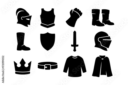 Silhouette medieval armor set with helmet, shield, and sword
