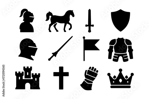 Medieval silhouette set with armor, weapons, and symbols