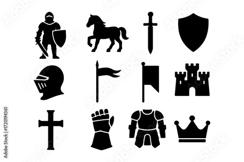 Medieval silhouette icons of knight gear and heraldry emblems set