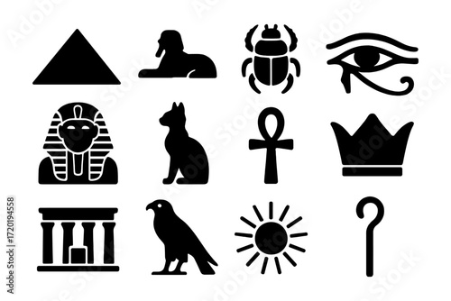 Ancient egyptian icon set: hieroglyphs, symbols, and deities in silhouette style