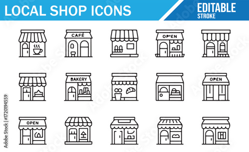 Modern Local Shop Icons for Digital Retail, Business, and Marketing
