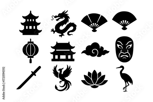 Traditional east asian icons with cultural symbols and elements