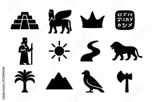 Ancient mesopotamian icons: cultural symbols in bold silhouette style