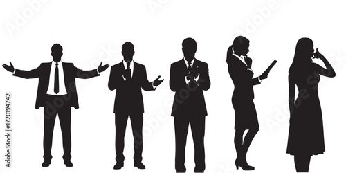 Five silhouettes of people in formal attire on background group woman