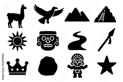 Ancient andean symbols collection featuring inca and maya elements in silhouette style
