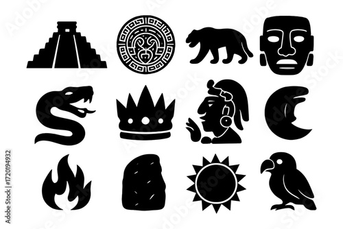 Ancient mesoamerican symbols collection featuring mayan icons in black silhouette style