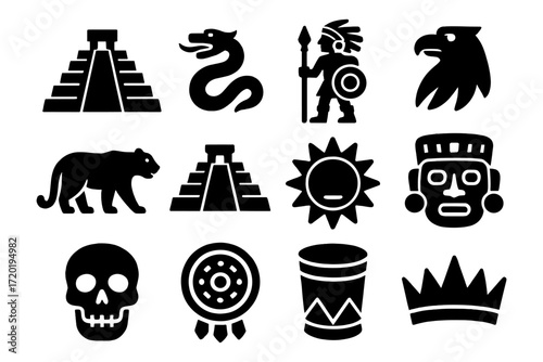Ancient mesoamerican silhouettes: symbols of aztec and mayan culture