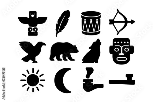 Native american culture symbols set featuring tribal icons in silhouette style