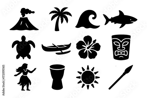 Hawaiian silhouette icons: volcanic mountain, palm, wave, shark, turtle, outrigger canoe, hibiscus, tiki mask, hula girl, drum, sun, spear